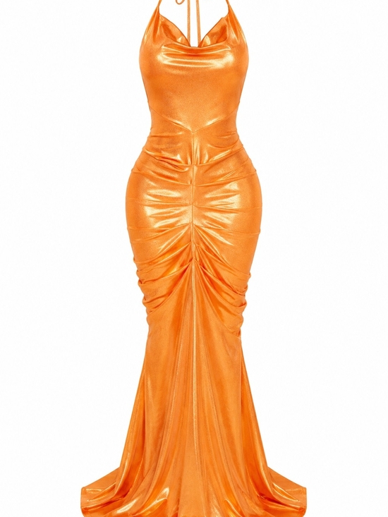 Fashion Nova Dresses & Skirts - Satin Halter Maxi Gown in Vibrant Orange